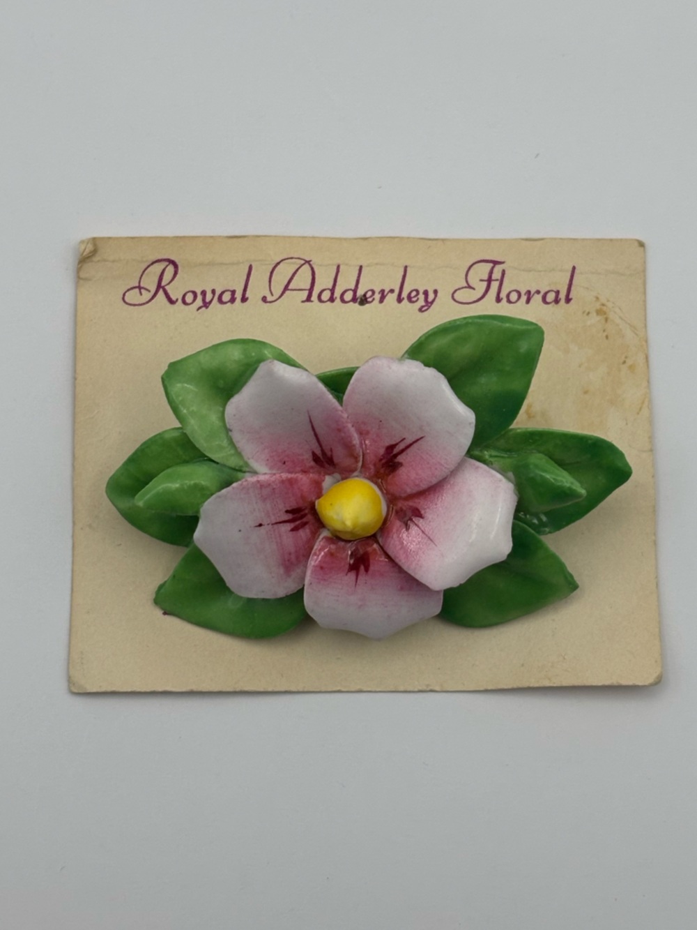Vintage Royal Adderley Pink Flower Brooch with Green Leaves